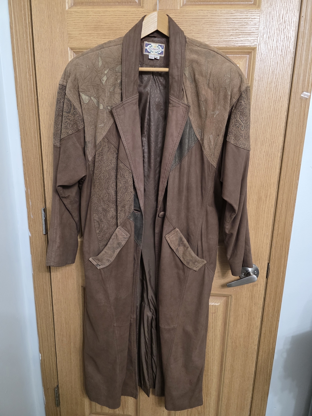 Women's Vintage Brown Long Leather Trench Coat with Mixed-Texture Panels
